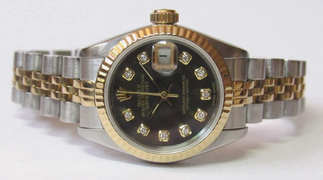 ROLEX 69173 18K/SS OYSTER PERPETUAL DATEJUST w/ BLACK MOP DIAMOND DIAL PRISTINE ROLEX 69173 18K/SS OYSTER PERPETUAL DATEJUST w/ BLACK MOP DIAMOND DIAL PRISTINE