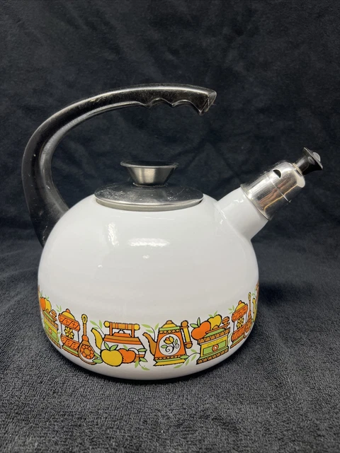Vintage 1970's White Enamel Metal Tea Pot