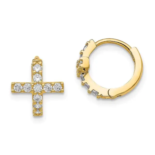 14k Gold Madi K Polished CZ Cross Hinged Hoop Earrings 0.44"