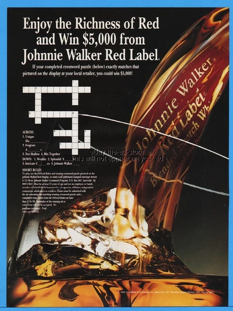 1994 Johnnie Walker Red Label Scotch On Ice Crossword Puzzle $5000 Contest Ad