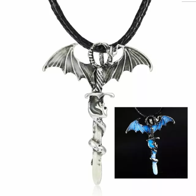 Vintage Glow In The Dark Blue Dragon Cross Pendant Necklace Men Jewelry Gift