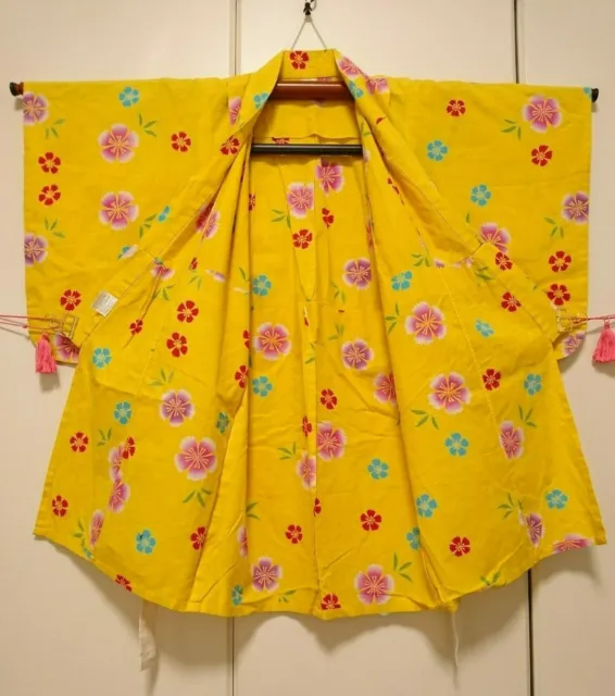 Japanese kimono, Yukata, Kids, Girl, Yellow, Flower, 3 ~ 4 years old.