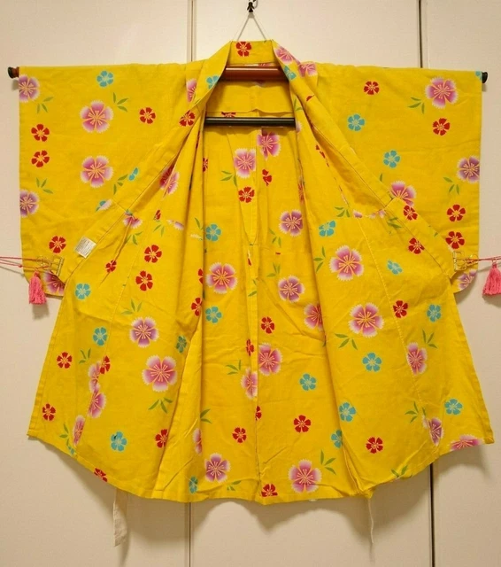 Japanese kimono, Yukata, Kids, Girl, Yellow, Flower, 3 ~ 4 years old.