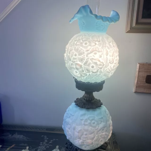 Fenton Blue Satin Puffy Poppy Embossed Art Glass Gone With the Wind Lamp GWTH