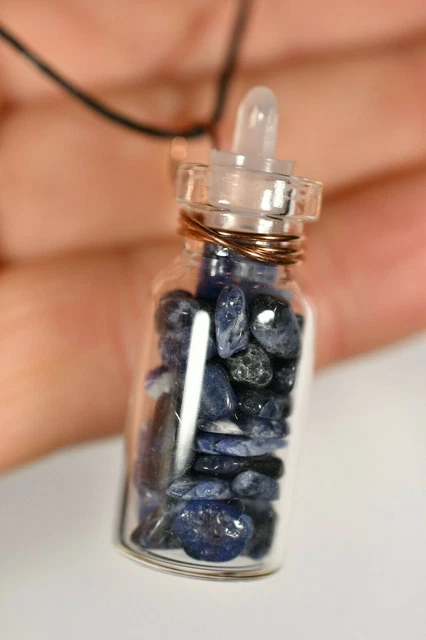 *GEMSTONE VIAL* Sodalite Pendant +Cord Tumbled Stones Wire Wrapped