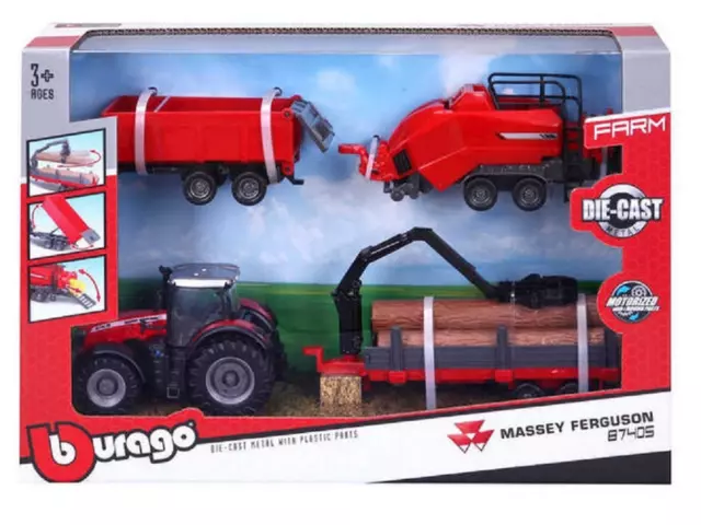 Burago Massey Ferguson Tractor With 3 Trailers - 31668 Farm Pig Cow Toy Machine