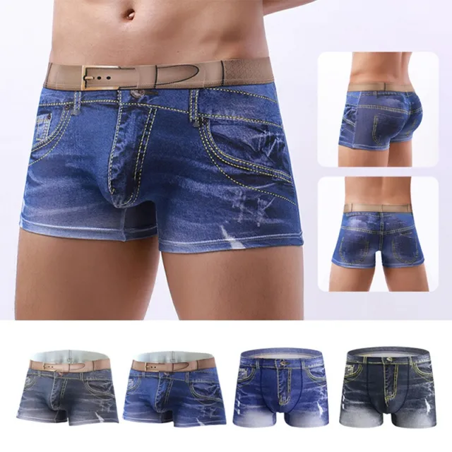 Sexy Mens Smooth Shorts Fake Denim Jeans Printed Boxer Briefs Elastic Underwear
