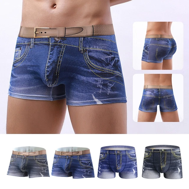 Sexy Mens Smooth Shorts Fake Denim Jeans Printed Boxer Briefs Elastic Underwear