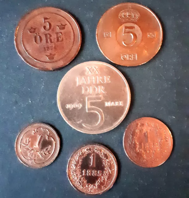6 alte Kupfermünzen aus Dän. DDR, Deut. Österr.  gebraucht aus dem Umlauf.