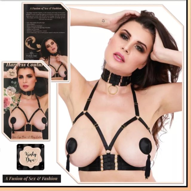 Sexy Imbracatura seno e collare Open Cup Bra O-Ring Collar Kinky Diva Intimo Hot