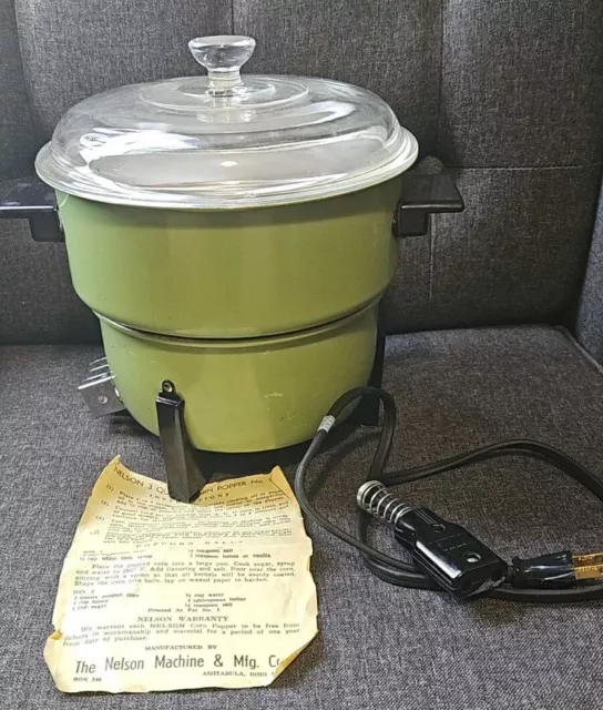 Vintage nelson 3 quart electric popcorn popper no 930 glass lid Avacado Green