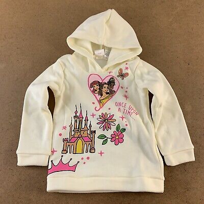 Disney Girls Size 6 Ivory Pink Princess Print Fleece Graphic Pullover Hoodie New