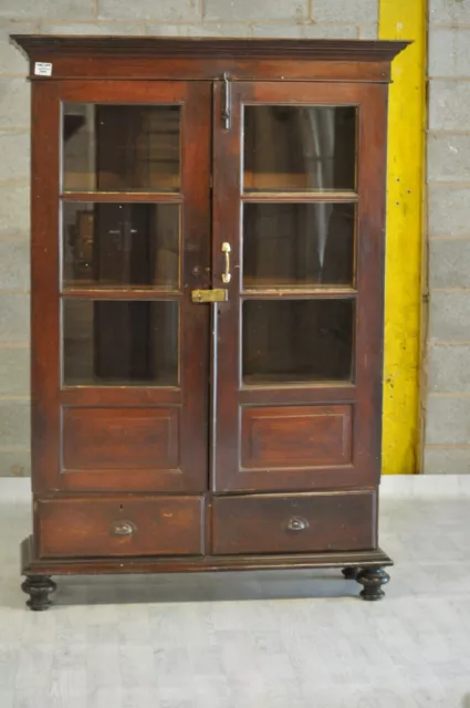Indian Antique wooden rustic finish wardrobe almirah with Glass panel