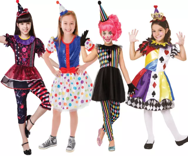 Halloween Girls Rainbow Clown Costumes Childs Circus Fancy Dress Kids Book Week