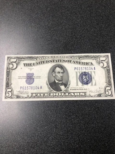 1934 C USA Silver Certificate $5 Dollars Note Blue Seal  Super Gem. Mint & Clean