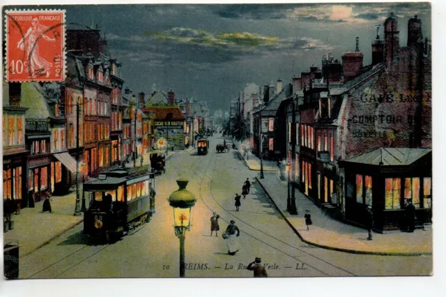 REIMS - Marne - CPA 51 - Les Tramways - Tramway rue de Vesle de nuit