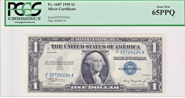 1935 $1 Silver Certificate FA Block PCGS Gem New 65PPQ #F39726224A