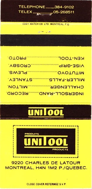 Montreal Quebec Canada Unitool Products Vintage Matchbook Cover