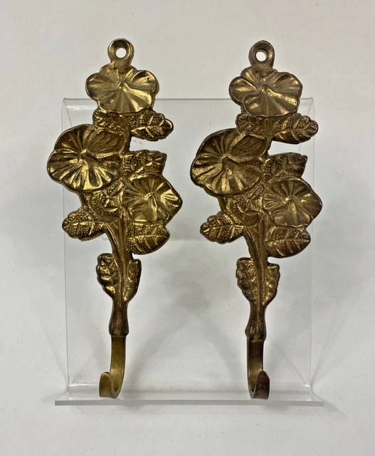 Vintage Brass Floral Flower Hook Wall Mounted Towel Keys Hat Coat Set of 2 Pair
