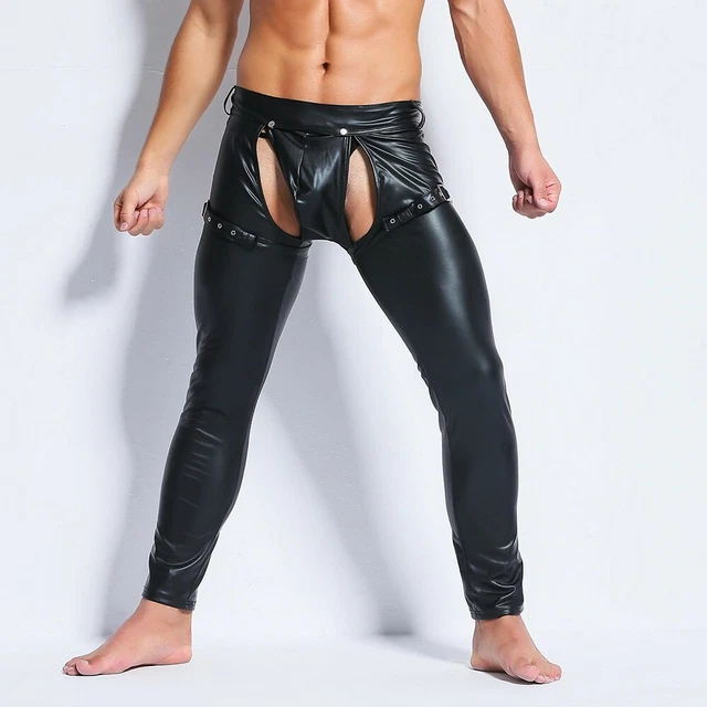 Hommes Sexy Noir Brillant PU Cuir Leggings Effet Mouillé Poche Pantalon S ~