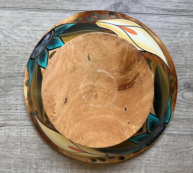 Folk Art Turned Wooden Bowl Floral 8” Lacquered Dough Snack Candy Dish Native 3