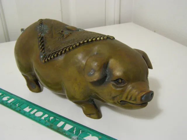 9" Old Chinese Bronze Fengshui Zodiac Year Pig Wealth Animal Collectible Statue