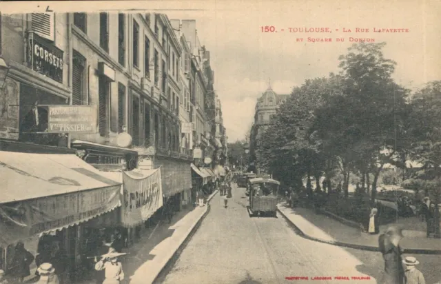 France Toulouse La Rue LaFayette et Square du Donjon Tram Vintage Postcard 07.19