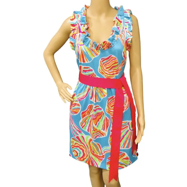 Gretchen Scott Ruffle Neck Sleeveless Girl Abstract Print Pockets Dress Sz S