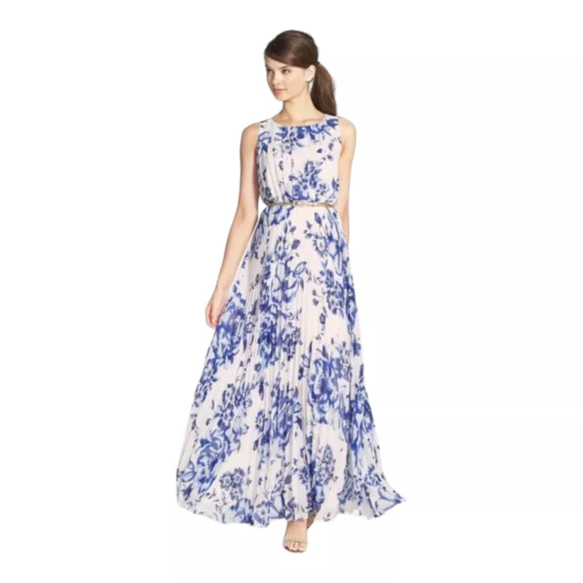 Eliza J Maxi Dress Womens 6 Blue White Pleated Floral Chiffon Sleeveless NO BELT