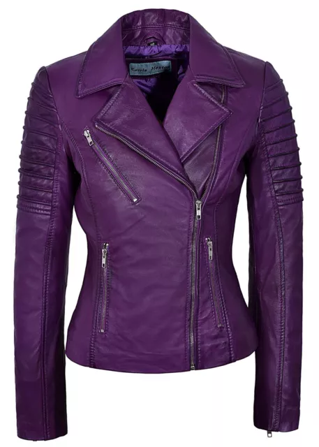 Ladies Leather Jacket Purple Designer Fashion Real Leather Biker Jacket 9334