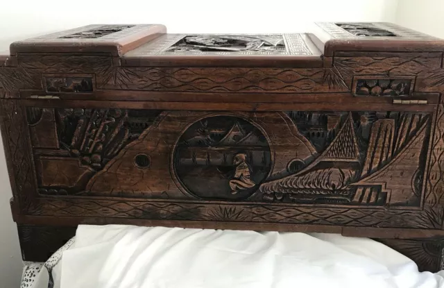 Large Antique Asian Style Carved Camphor Wood Blanket Box