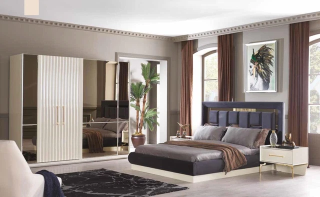Luxe Chambre à Coucher Set Lit Meuble Tissu Penderie Lits Table de Chevet 4tlg