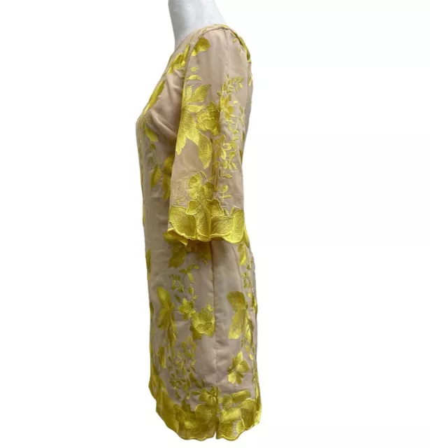 Dress the Population Paige Tan Metallic Yellow Embroidered Cocktail Mini Dress S 2