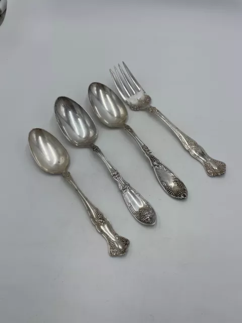 4 Piece Rogers Silverplate Mixed Grape Pattern 3 Serving Spoons 1 Meat Fork