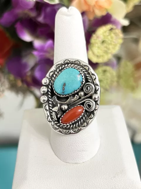 Sterling Silver Large Ladies Native American Detailed Turquoise Coral Ring Band