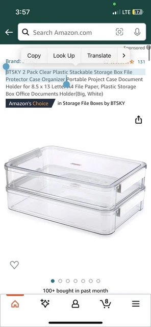 BTSKY 2 Pack Clear Plastic Stackable Storage Box File Protector Organizer #1223