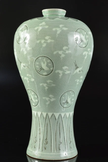 G3747: Korean Goryeo celadon Cloud Crane inlay FLOWER VASE Ikebana, auto