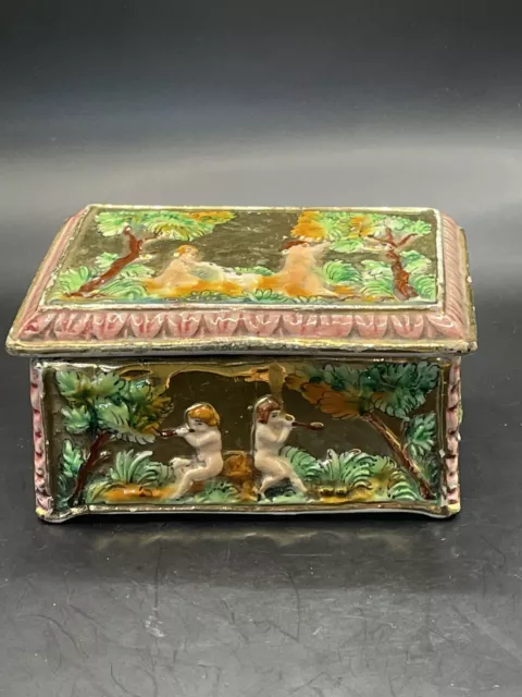 Vintage Italy Ceramic Cigarette Box Capodimonte Adam And Eve Made In Italy