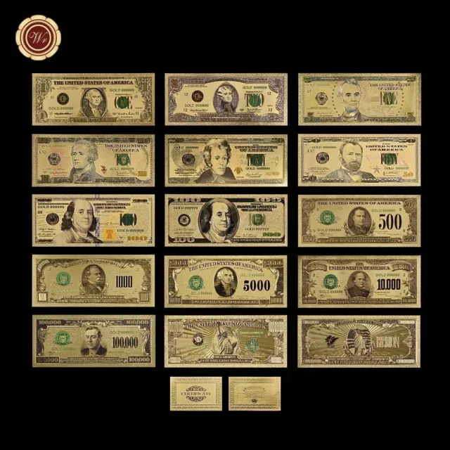 15 Banknotes Gold Plated Foil 24K, US dollars, Certificate WR, Gold foil