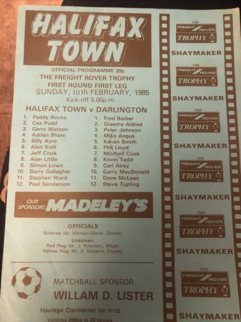 Halifax Town V Darlington 10/2/85 1985 Match Programme