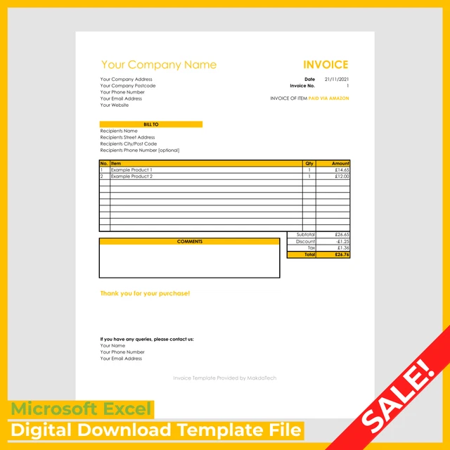 AMAZON SALES INVOICE / Receipt Template 2024 Microsoft Excel Easy