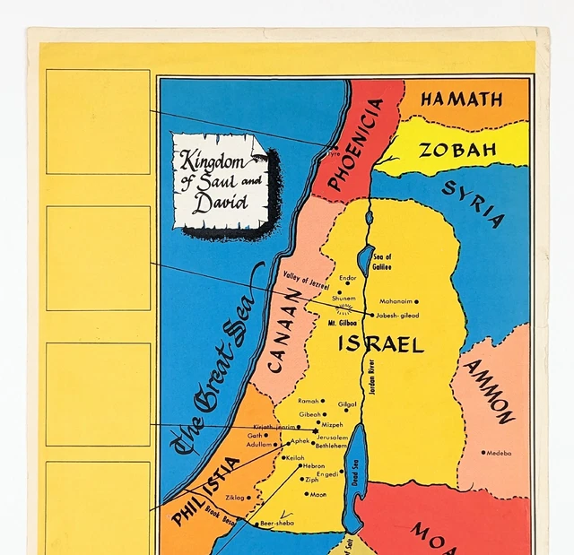 1950 Israel Map Kingdom of Saul and David Canaan Philistia Syria Moab Jerusalem