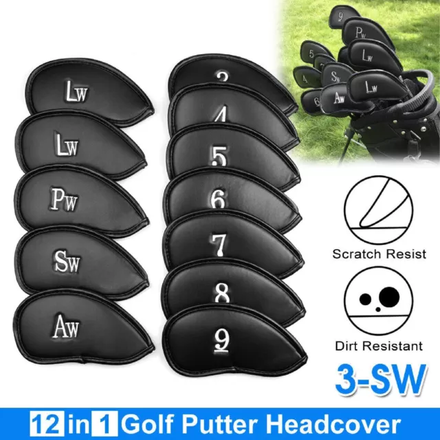 12 PCS PU Leather Head Cover Golf Iron Club Putter Headcover 3-SW Set Black AU