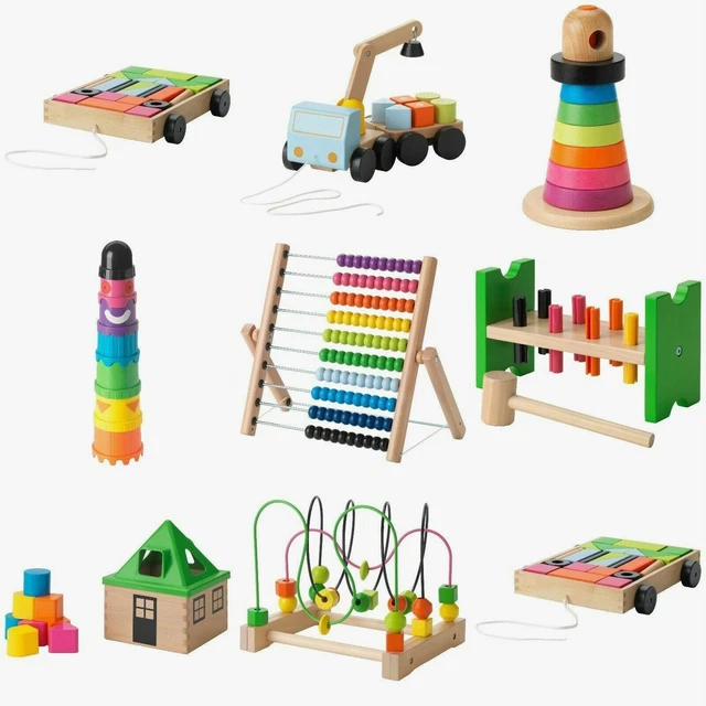 WOODEN TOYS BUILDING Blocks Abacus Roller Coaster Crane Stacking Rings