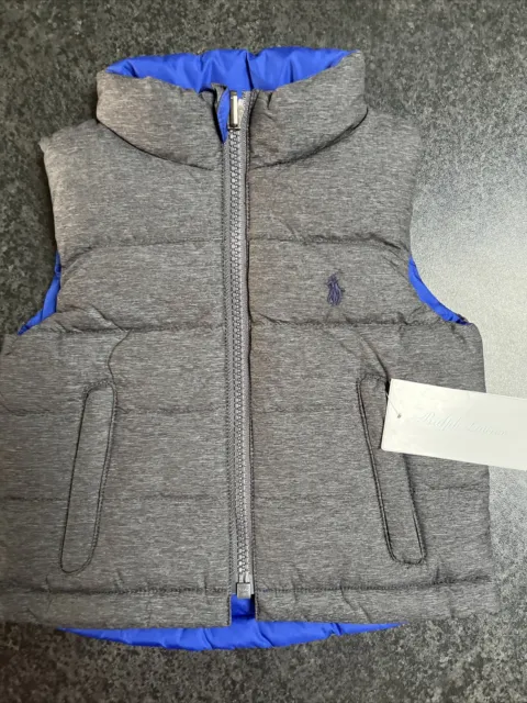 BNWT Ralph Lauren Boy Reversible Puffer Vest Grey/Blue - Size 9M RRP $130