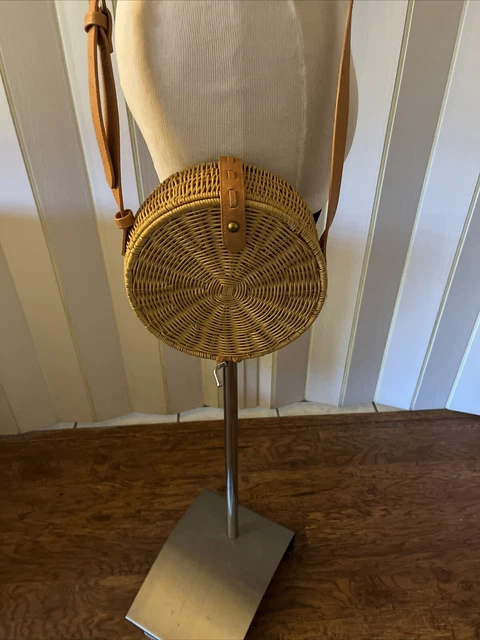 UNIVERSAL THREAD Round Straw Rattan and Faux Leather Crossbody Bag Purse Vegan