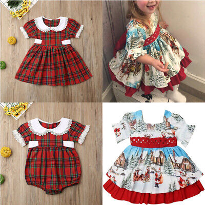 Christmas Kids Baby Girls Xmas Clothes Sister Matching Plaid Romper Dress Outfit