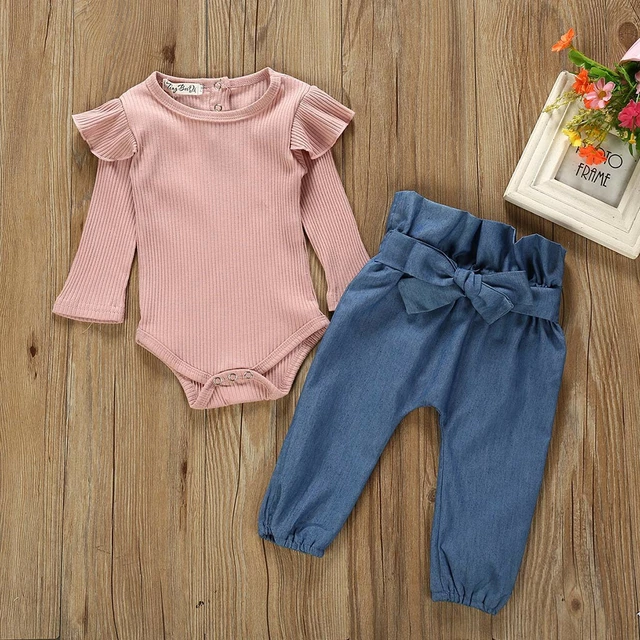 Newborn Kids Baby Girls Outfits Clothes Romper Bodysuit+Denim Pants Jeans Set