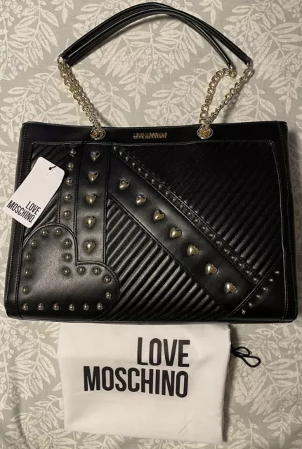 Love Moschino Black Heart Logo Studded Tote Chain Straps Zip Top NWT