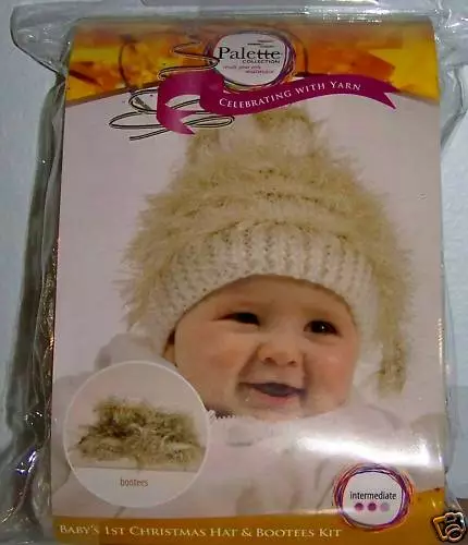 Baby White & Gold Hat & Booties Knitting Kit, 4 balls of yarn - NEW